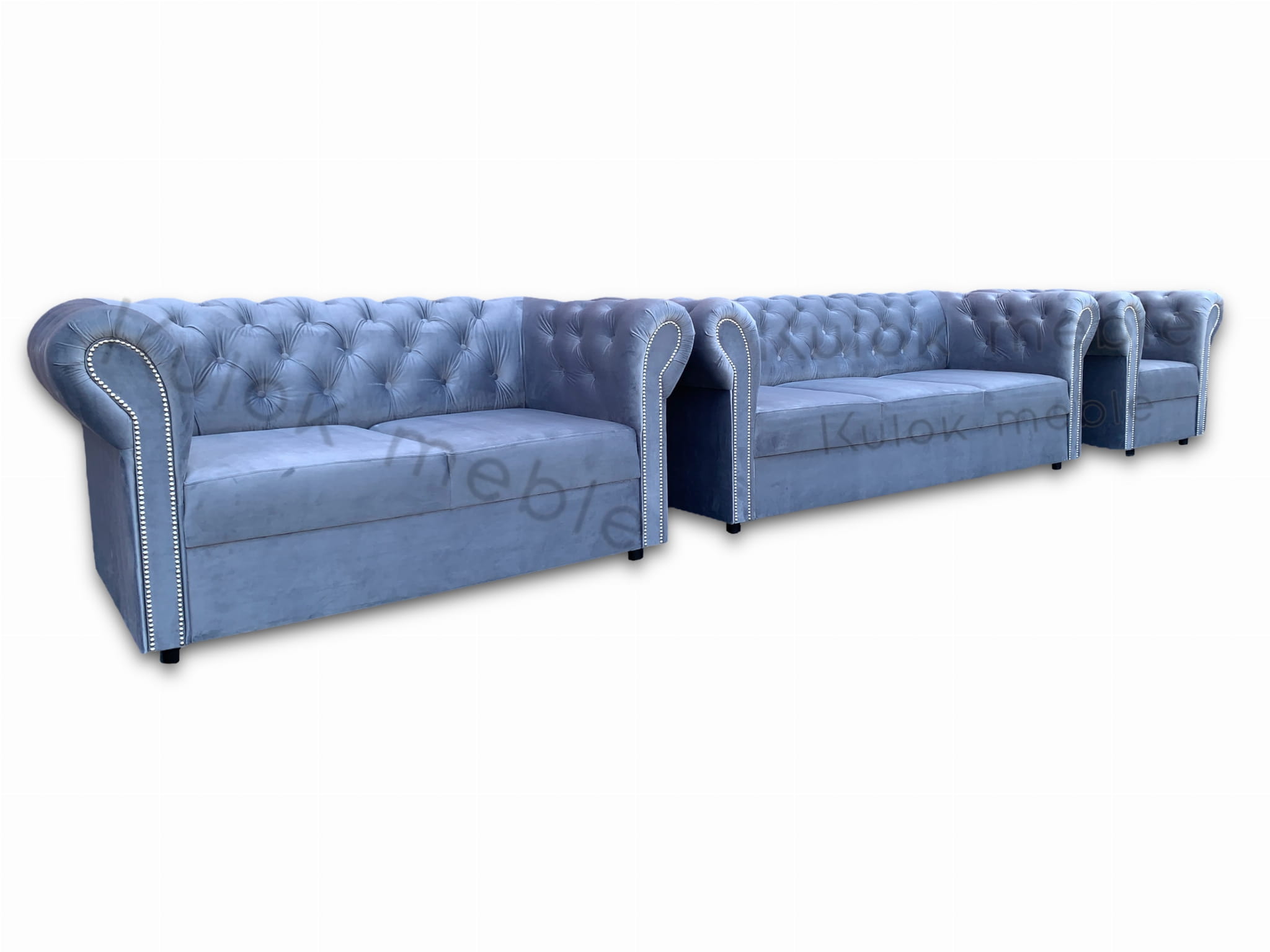 Zestaw Chesterfield 3+2+1 do salonu w niebieskim welurze 